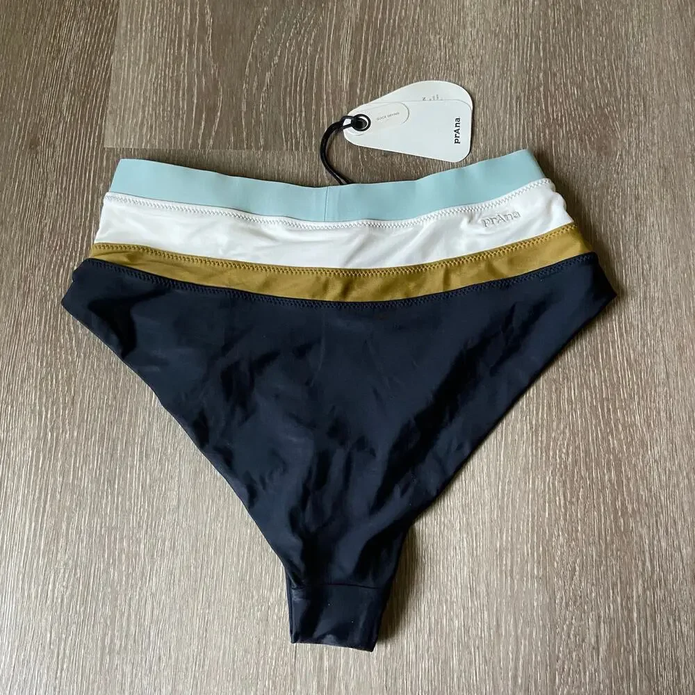 Prana Baja Bound High Rise Swim Bottom Women's S Black Colorblock Bikini Brief